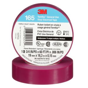 3M 165PR4A Electrical Tape 0.75-Inch x 60 ft x 6-mil Vinyl Backing Purple Temflex™