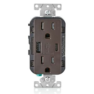 Leviton T5633-B Tamper-Resistant Combination Receptacle/Outlet And USB Charger 15-Amp 125-Volt AC NEMA 5-15R Brown Decora