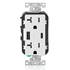 Leviton T5833-W Type A/Type-C Combination Duplex Receptacle/Outlet And USB Charger 125-Volt AC 20-Amp NEMA 5-20R White Decora