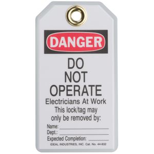 Ideal Industries 44-832 Heavy-Duty Lockout Tag Vinyl/Laminated Plastic Legend Danger - Do Not Operate - Electricians At Work Black/Red On White