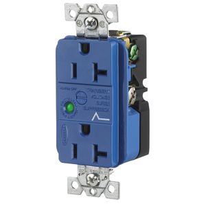 Hubbell-Wiring HBL5362SA 3-Wire 2-Pole Straight Blade Surge Suppression Duplex Receptacle With Light And Alarm 125-Volt AC 20-Amp NEMA 5-20R Blue