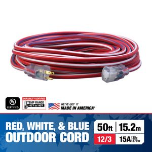 Coleman Cable 02548-US-A1 Stranded Bare Copper SJTW Extension Cord With Power Indicator Light 12/3 50-ft Red/White/Blue Stripes