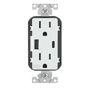 Leviton W5633-W 15A Type A and Type-C USB Charger/Weather-Resistant Receptacle